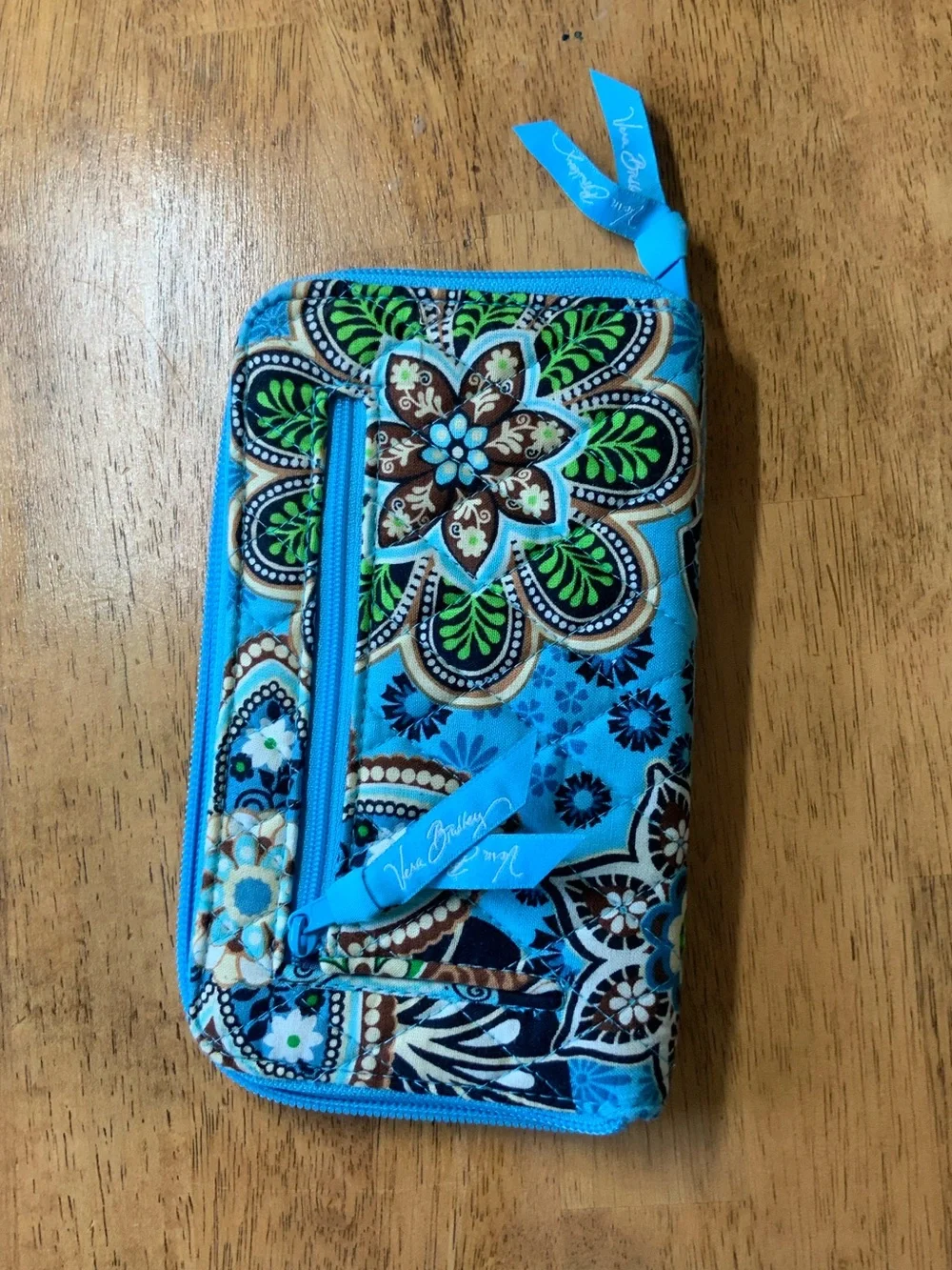 Vera Bradley Turquoise Floral Quilted Zip Wallet with Green and Brown Accents